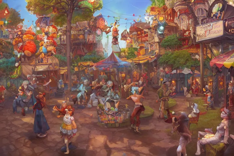 Image similar to circus cozy fantasy village street view by artgerm and Craig Mullins, James Jean, Andrey Ryabovichev, Mark Simonetti and Peter Morbacher 16k