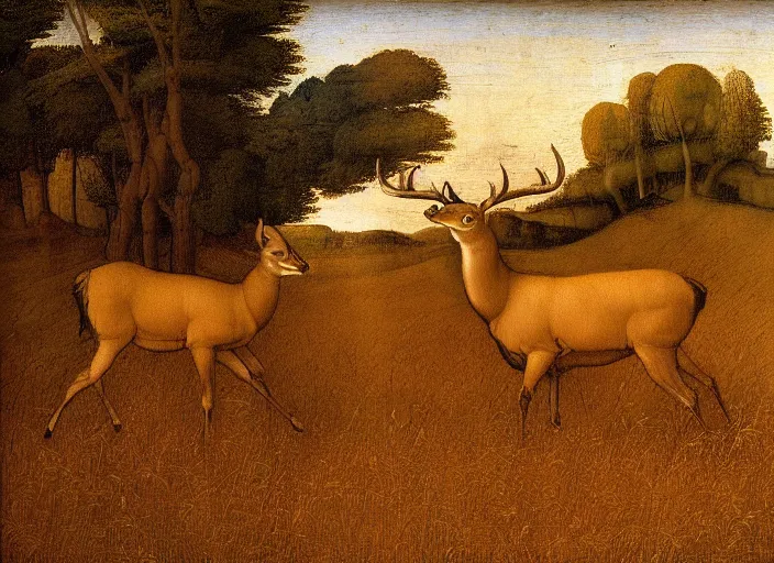 Image similar to A painting in the style Leonardo Da Vinci of a deer standing in a wheat field surrounded by a forest, very detailed, very beautiful