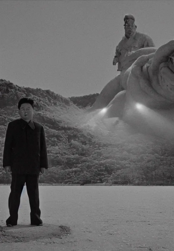 Image similar to Pulgasari the North Korean monster, volumetric lighting, filmstill, produced by Kim Jong-il, Kodachrome, kaiju-eiga, starfish monster movie, communist propaganda, film noir, 35mm film grain, Cooke Varotal 20-100mm T3.1, monochrome, in the style of Ishirō Honda and Akira Kurosawa