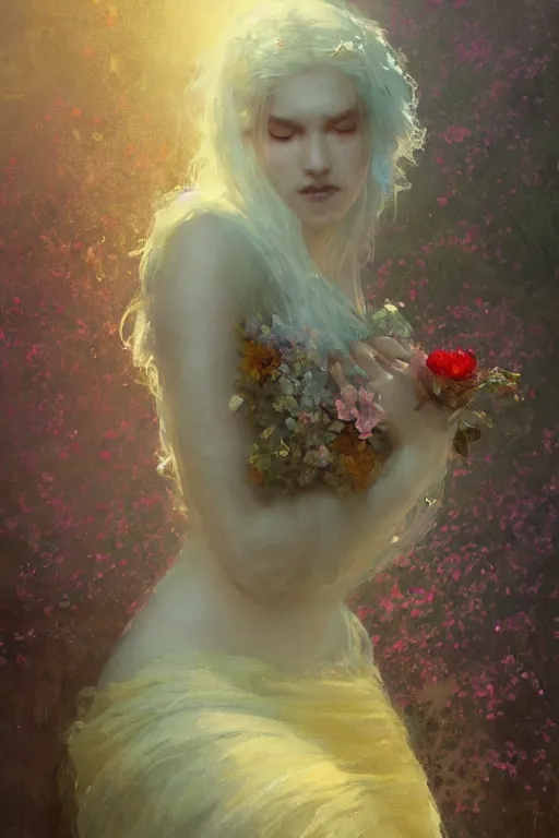 Image similar to a stunning elegant girl made of flowers and golden silks. ethereal horror fantasy art by greg rutkowski and magali villanueve and monet, concept art, smooth, cinematic lighting, 8 k resolution