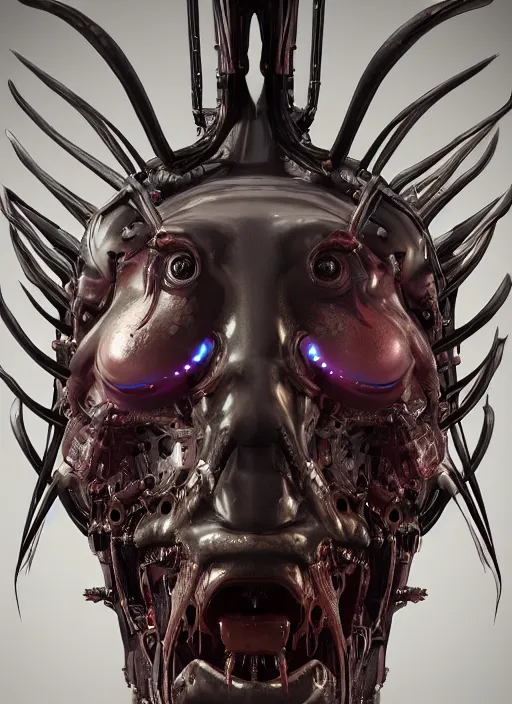 Image similar to a portrait up of a creepy looking biomechanical demon head, gigeresque cyberpunk art by ikuo hirayama, photorealism, octane render, behance hd, polycount, glowing fire background