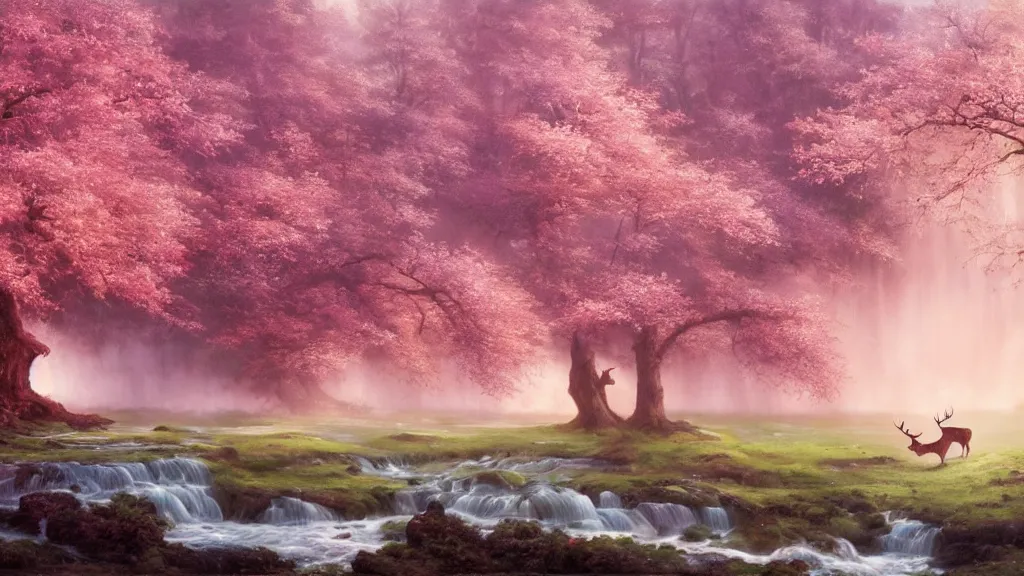 Image similar to the most beautiful panoramic landscape, oil painting, where a giant dreamy waterfall creates a river, the trees around are starting to bloom in pink colors, a majestic deer is in close - up and it is under a giant tree while it is exhaling steam, the ray lights of the sunrise are brightening him, by greg rutkowski