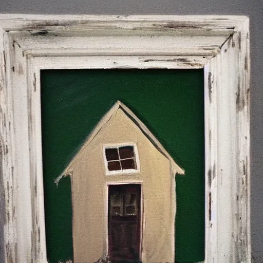 Image similar to a scary painting of a house in an moldy dusty frame