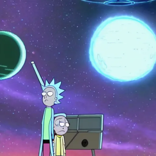 Image similar to screenshot rick and morty flying in their regular ufo in deep space, the death star explodes on background