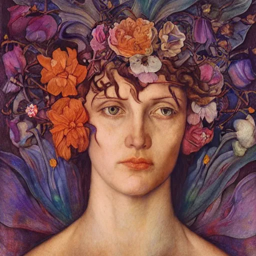 Image similar to flower queen, by annie swynnerton and tino rodriguez and nicholas roerich and jean delville and evelyn de morgan and lucien freud, dramatic lighting, floral tattoos, rich colors, smooth sharp focus, extremely detailed, adolf wolfli