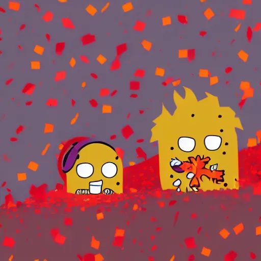 Image similar to fall guys in horror style. Creepy, disgusting, terrifying, hellish landscape, red confetti, surreal