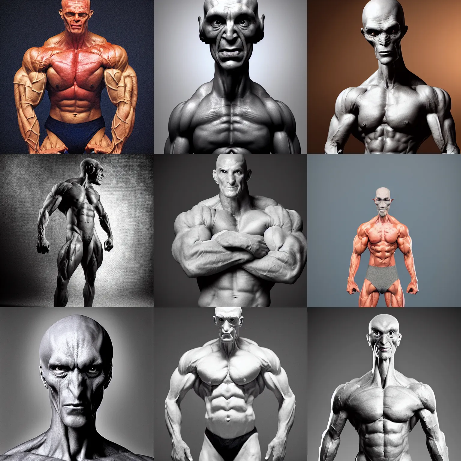 Prompt: weird grey alien bodybuilder, studio portrait, cgsociety, realistic, cinematic, 70mm, kodachrome, 8k