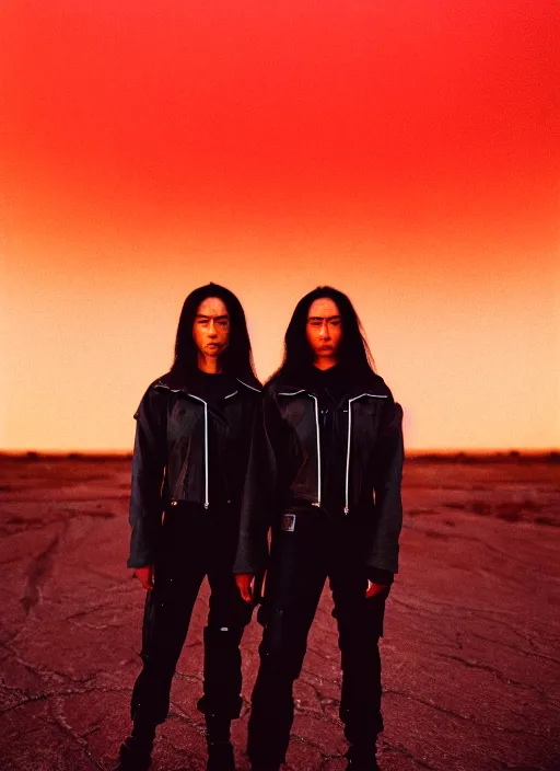 Image similar to cinestill 5 0 d photographic portrait of two loving clones, women wearing rugged black techwear on a desolate plain with a red sky, closeup, diverse species, cyberpunk, in front of a brutalist dark metal facility, dust storm, 3 5 mm, 8 k, depth of field, high resolution, ultra realistic faces