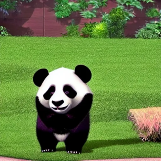 Image similar to a panda is mowing the lawn with a mowing machine, pixar