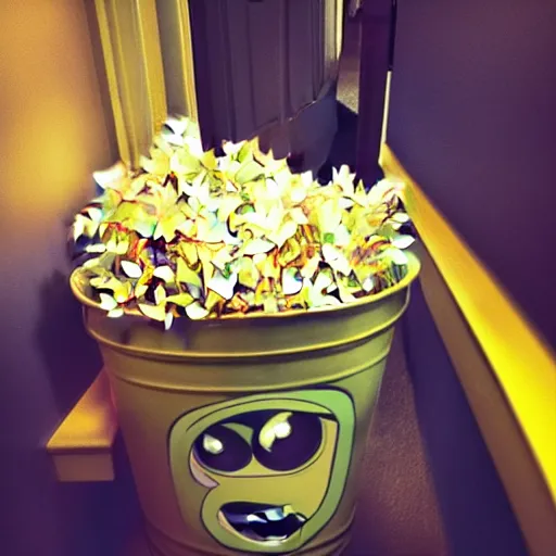 Image similar to mike wazowski from monsters inc falling down the stairs with a bucket of popcorn, iphone photo