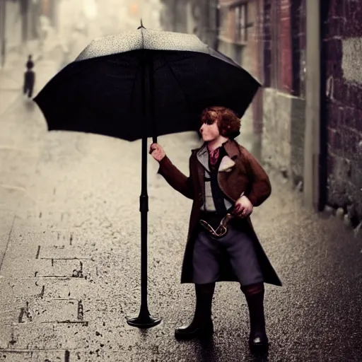 Image similar to brown haired halfling private investigator walking down a Victorian rainy alley in a trenchcoat , artstation, detailed, hyper realistic, 8k, digital art, cinematic