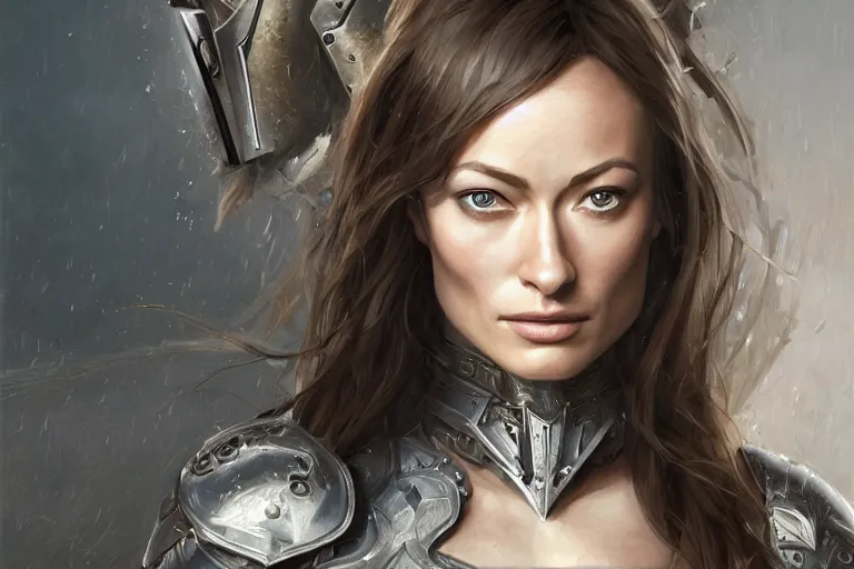 Image similar to a head and shoulders portrait of Olivia Wilde, clothed in battle armor, olive skin, long dark hair, beautiful bone structure, symmetrical facial features, intricate, finely detailed, elegant, digital painting, trending on Artstation, concept art, smooth, sharp focus, illustration, from Metal Gear by Ruan Jia and Mandy Jurgens and Artgerm and and william-adolphe bouguerea, award winning