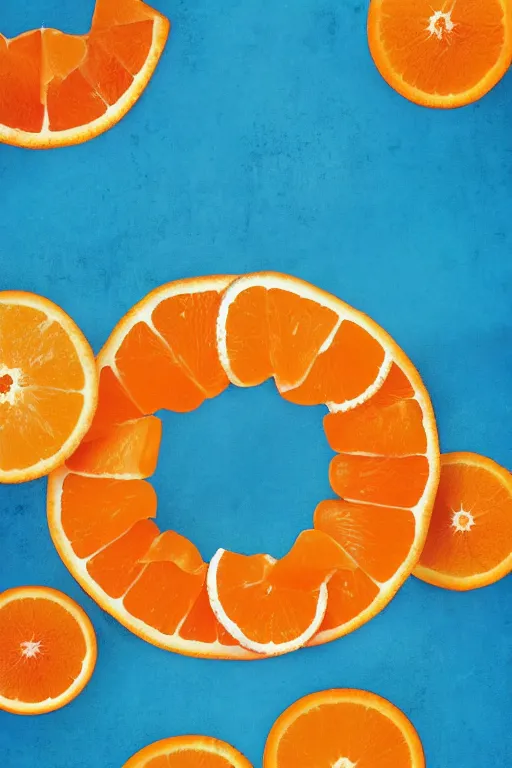 Prompt: a poster of summer ,water,wave , orange and orange slices,blue theme and Yellow accents,Colour composition by Kenya Hara