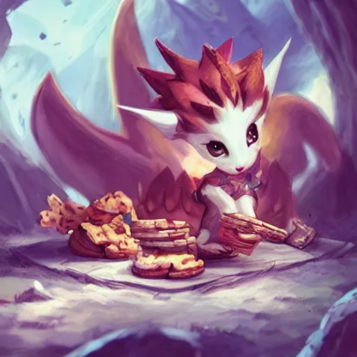 Prompt: a small fierce dragon hoarding a pile of cookies, sharp detail, fantasy digital artwork by artgerm and ross tran