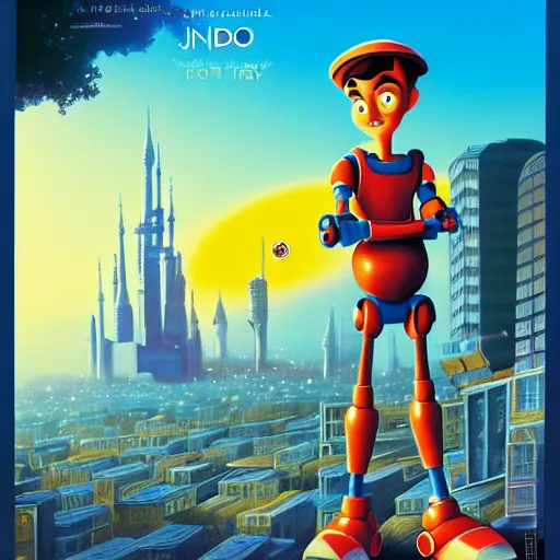 Prompt: a spectacular film poster of an adventurous boy ( facing the camera ) and his small robot friend, modern city background, eleborate composition with foreground and background, depth of field, fantasy illustration by kyoto studio and don bluth, disney animation film poster, cinematic lighting