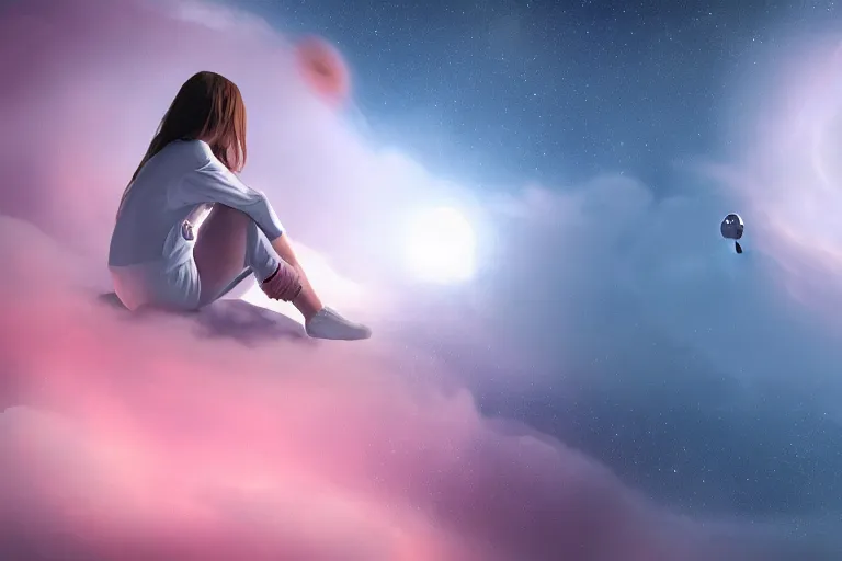 Image similar to a cute astronaut girl sitting on a cloud relaxing, misty, digital art, hazy, foggy, red lighting, ambient lighting, 8 k,