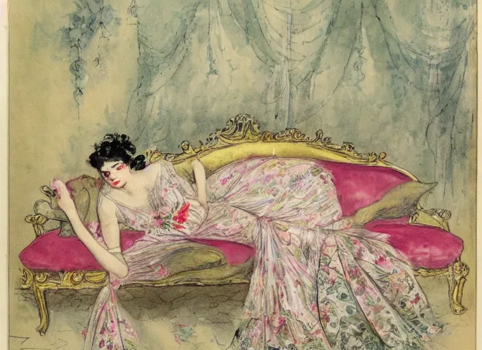 Prompt: Louis Icart, an old elaborate colored drawing of a woman laying eloquently on a sofa, wearing flowing dress with floral motifs, by Louis Icart, highly detailed, masterpiece