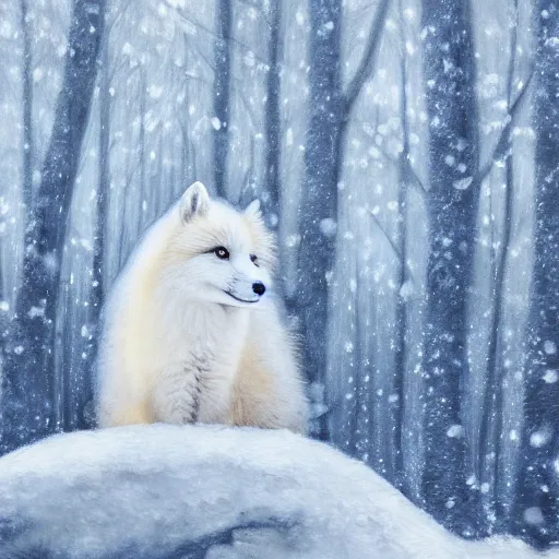 Prompt: cute fluffy baby white fox sitting in snowy winter forest landscape detailed painting 4k