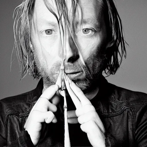 Image similar to Thom Yorke, Radiohead, holding the moon upon a stick, with a beard and a black jacket, a portrait by John E. Berninger, dribble, neo-expressionism, uhd image, studio portrait, 1990s