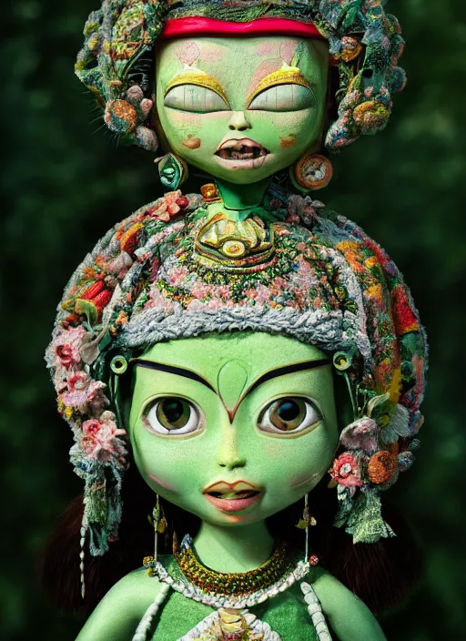 Prompt: closeup portrait of tin toy green girl milarepa trap, depth of field, zeiss lens, detailed, symmetrical, centered, fashion photoshoot, by nicoletta ceccoli, mark ryden, lostfish, breathtaking, 8 k resolution, extremely detailed, beautiful, establishing shot, artistic, hyperrealistic, octane render