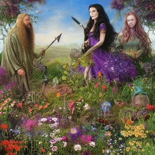 Image similar to hagrid the viking and morticia addams frolicking in a field of various flowers, fairy garden, masterpiece, highly detailed, oil on canvas, art by james gurney, graeme base, brian froud, alan lee