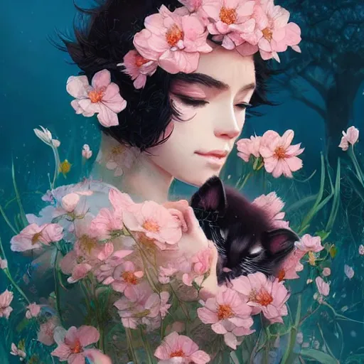 Image similar to kittens in flowers, intricate complexity, by greg rutkowski, artgerm, ross tran, conrad roset, takato yomamoto, ilya kuvshinov. 4 k, beautiful, cinematic dramatic atmosphere