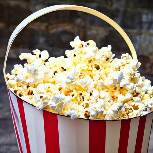 Prompt: ridiculously very large huge bucket of popcorn, photograph
