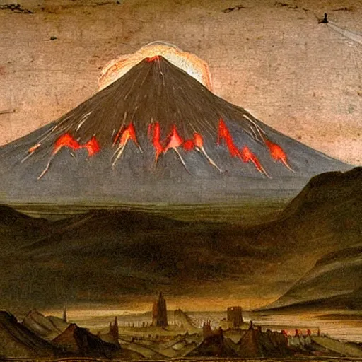 Prompt: medieval painting of Mordor with the mount doom, landscape