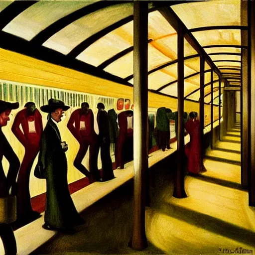 Image similar to crowded subway station interior, art deco, brutalism, dystopian, pj crook, edward hopper, oil on canvas