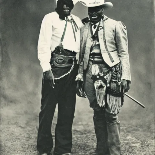 Image similar to king von laugh with fbg dug ( circa 1 9 0 1 ) in cowboy suit, theyre used red and blue bandana, photorealistic, based on real event