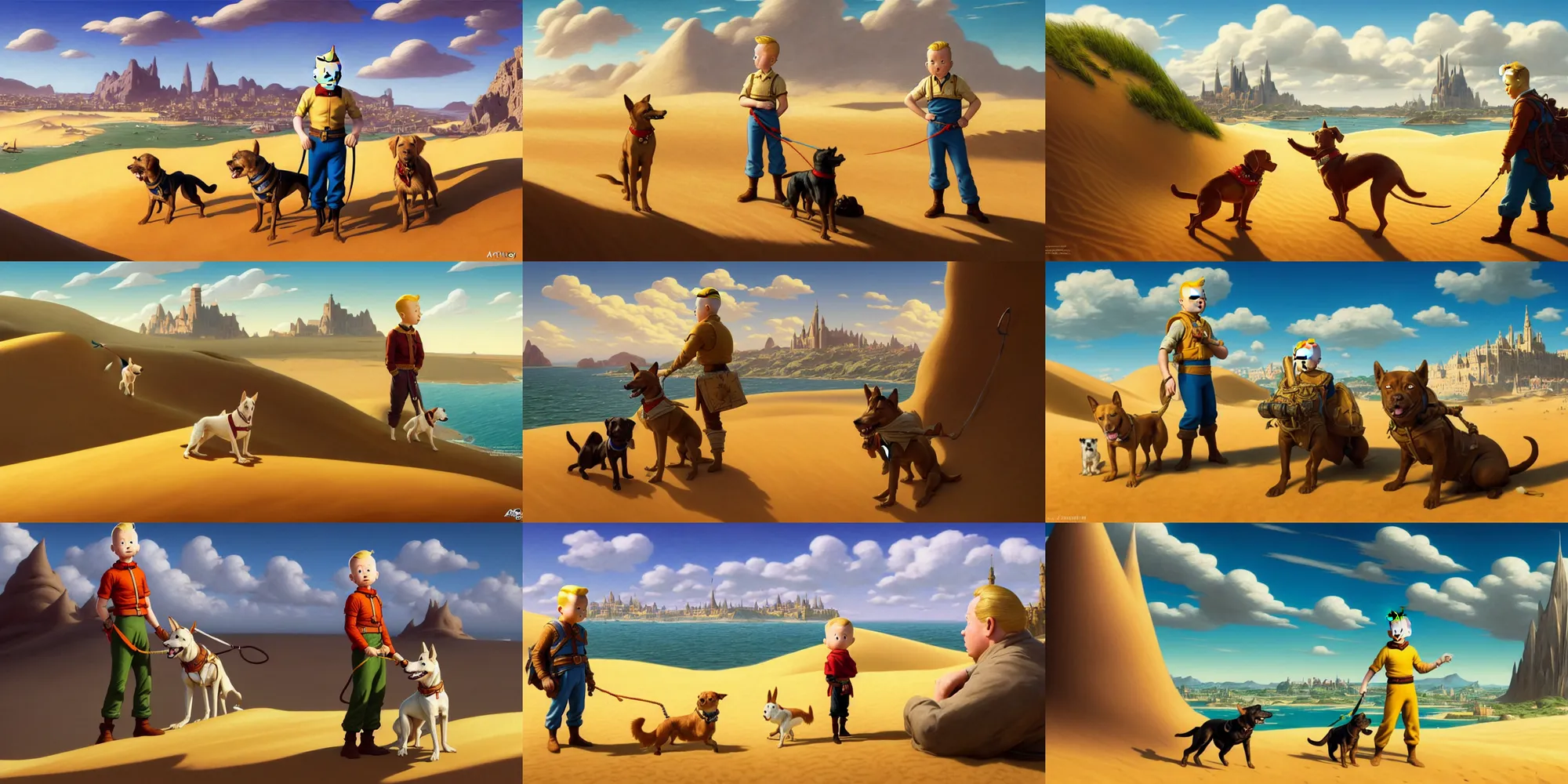 Prompt: tintin with his dog on a sand dune, realistic, female, city in background, d & d, fantasy, intricate, elegant, highly detailed, digital painting, artstation, octane render, concept art, matte, sharp focus, illustration, hearthstone, shallow depth of field, dramatic lighting, art by artgerm and greg rutkowski and alphonse mucha