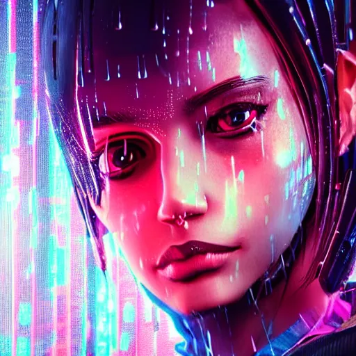 Image similar to stylish cartoon portrait made out of rain, cyberpunk background, rendered in octane, unreal engine, highly detailed, trending on artstation, realistic, splashes of neon, beautiful, handsome, depth of field, glowing eyes