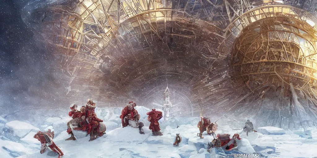 Image similar to North pole, snow, Gargantuan Mothership landing on ice, lasers attack on people and laboratories, wide angle, professional kodak lenses, magic, fire, face painting, dramatic lighting, intricate, wild, highly detailed, digital painting, artstation, concept art, smooth, sharp focus, illustration, art by artgerm and greg rutkowski and alphonse mucha, footage from space camera