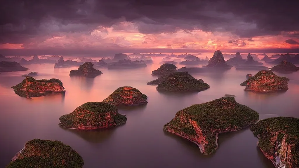 Image similar to amazing photo of floating islands in sunset by marc adamus, beautiful dramatic lighting