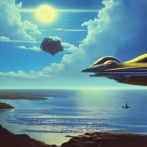 Image similar to beautiful matte painting of golden shores of a blue dreamy ocean, heavenly island in the clouds floating above the ocean, spaceship flying by, sci - fi, daylight, blue sky, cinematic lighting, cinematic perspective, syd mead, john harris, federico pelat