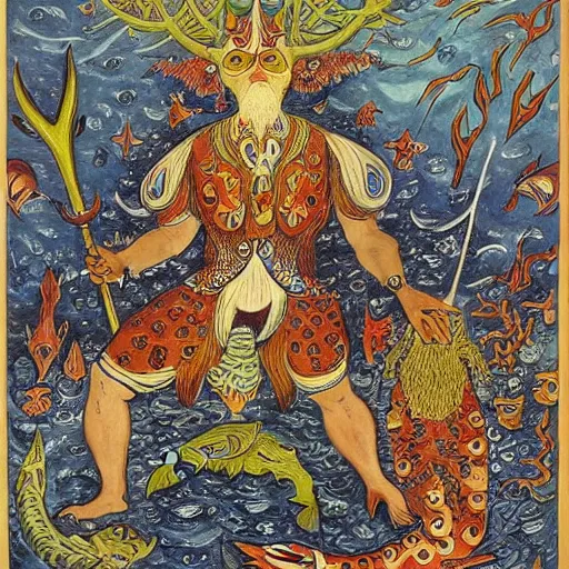 Image similar to lines by louis wain. a experimental art of a mythological scene. large, bearded man seated on a throne, surrounded by sea creatures. he has a trident in one hand & a shield in the other. behind him is a large fish. in front of him are two smaller creatures.