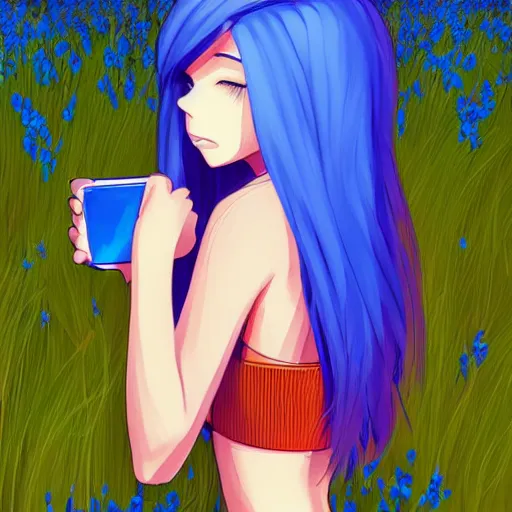 Image similar to if bluetooth was an actual human female, wearing blue crop top with the bluetooth logo on and blue shorts, digital image, character illustration, highly detailed, long blue hair, background of a blue flower field, trending on art station, art, by jason chan