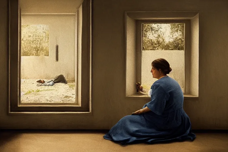 Image similar to a cinematic painting of an old female prisoner inside of jail cell looking out of a window onto a beautiful serene landscape, beautiful lighting, high depth, ultra realistic, artistic, by annie leibovitz, by gregory crewdson