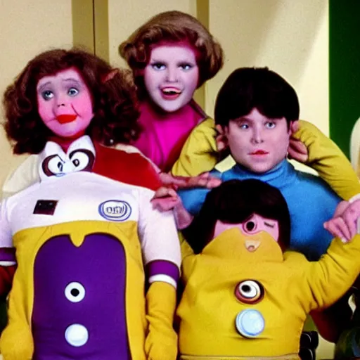 Prompt: still from1983 children's tv show about humans wearing digestive organs color