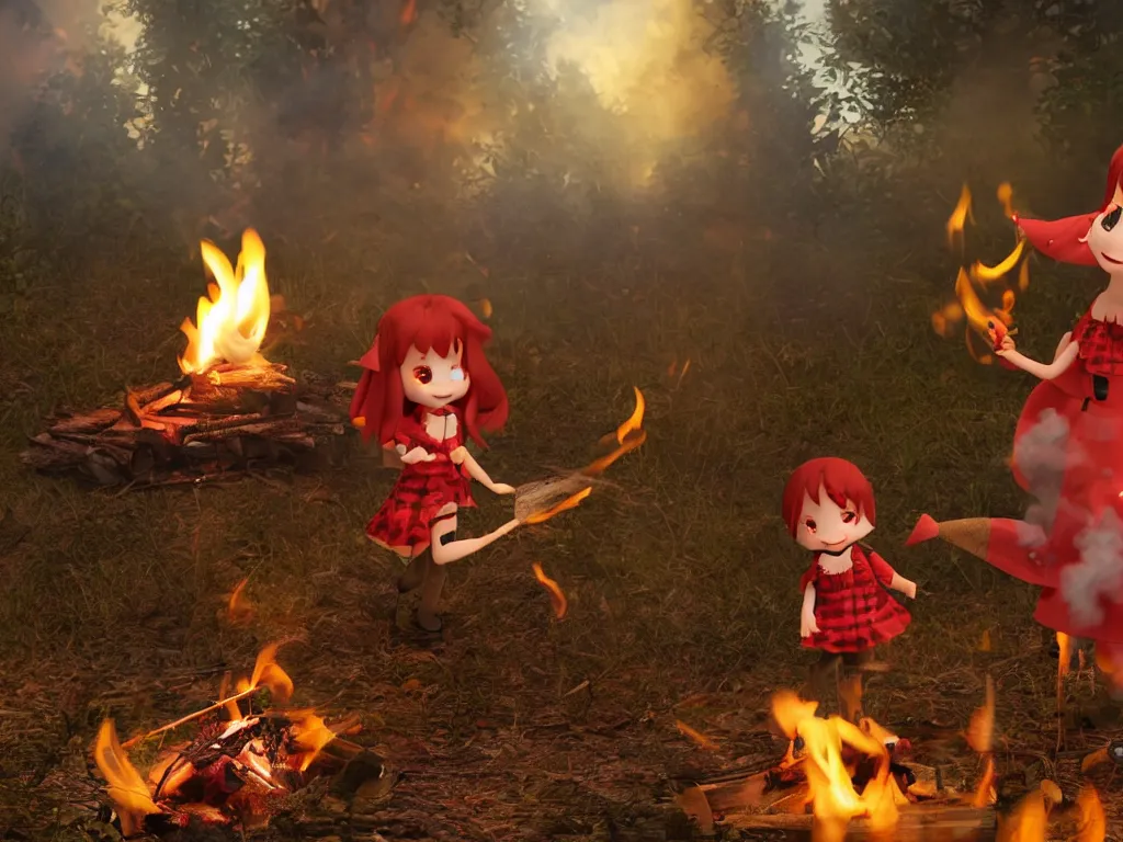 Prompt: cute fumo plush pyromaniac girl giddily starting a fire in the forest, campfire, flames, warm glow and volumetric smoke vortices, vray