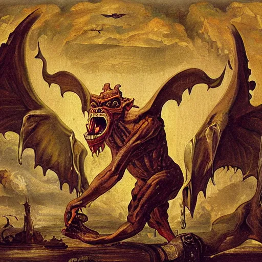 Prompt: an oil painting of an ugly Gargoyle monster, Renaissance painting, Renaissance Port City background, big vampire teeth, angel wings, 1450