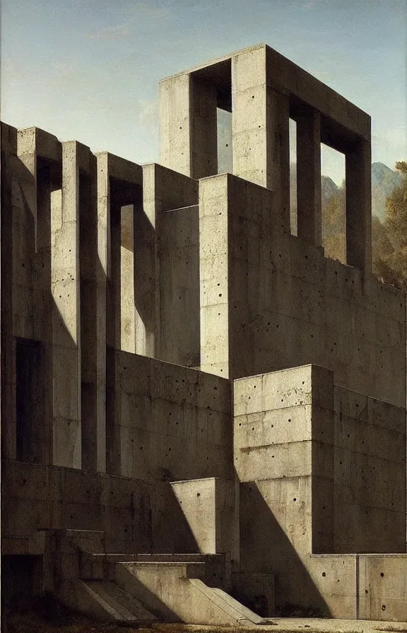 Prompt: classical landscape paintings of brutalist concrete structures, masterpiece, insanely detailed and intricate, by eugene von guerard