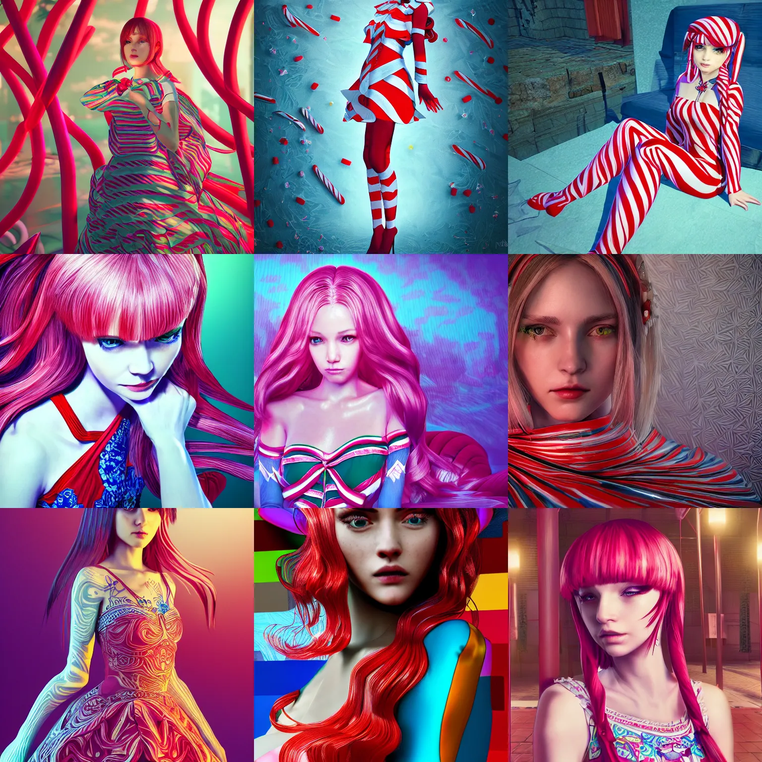 Prompt: the portrait of a cranky but incredibly beautiful and elegant girl named claire who caught covid and dresses like a candy cane, intricate linework, bright colors, final fantasy, behance contest winner, vanitas, angular, altermodern, unreal engine 5 highly rendered, global illumination, radiant light, detailed and intricate environment