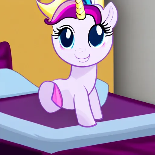 Prompt: Unicorn Rarity sitting on her mattress looking at the camera