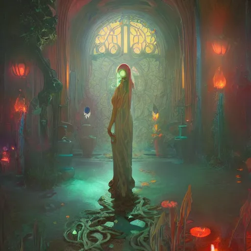 Prompt: dreamlike necromancer garden fantasycore , glossy painting, Art Nouveau Cosmic 4k Detailed Matte Illustration featured on Getty Images ,CGSociety, Jade and Carrot orange color scheme, Pastiche by Marc Simonetti, Pastiche by Cedric Peyravernay