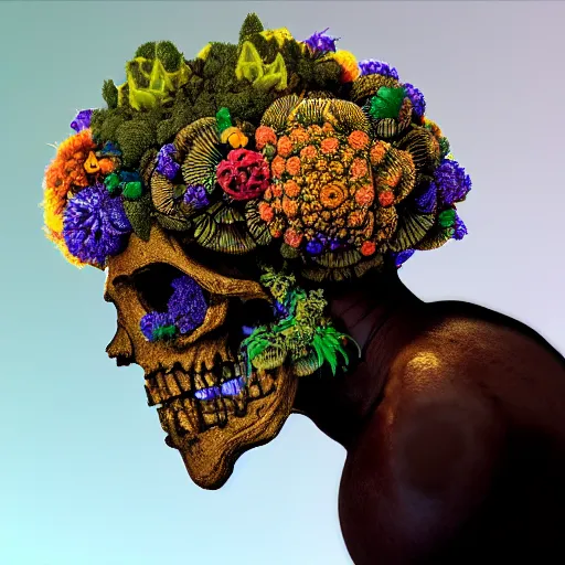 Image similar to a golden skull face african marijuanna shaman with an afro made of flowers, third eye art art by machina infinitum, complexity from simplicity, rendered in octane, mandelbulb 3 d, ambient occlusion, macro photography, felt!!! texture, tribal, neon retrowave, felt volumetric lighting