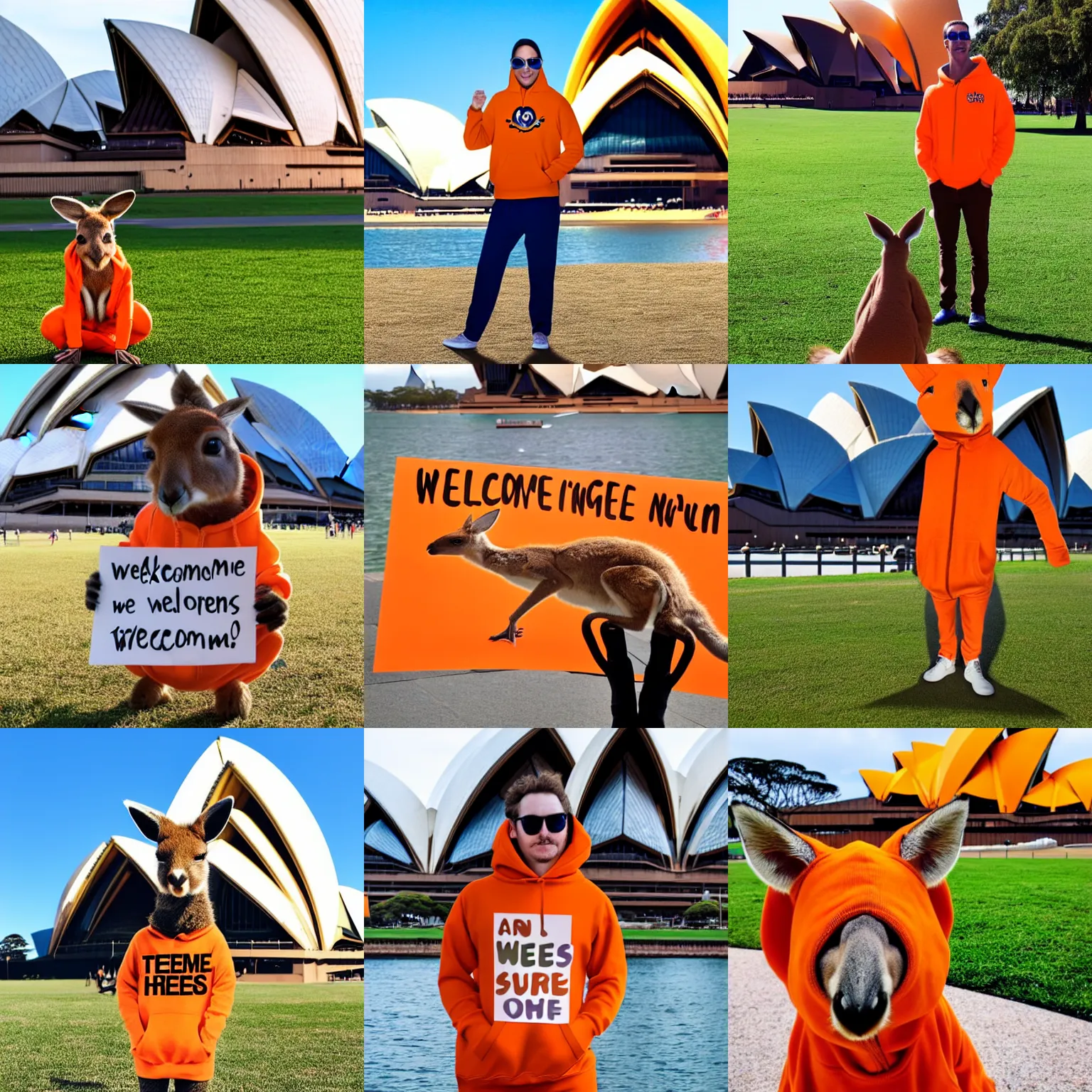 Prompt: a portrait photo of a kangaroo wearing an orange hoodie and blue sunglasses standing on the grass in front of the sydney opera house holding a sign on the chest that says welcome friends!