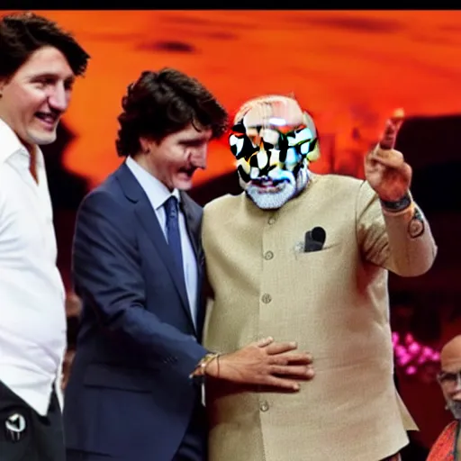 Image similar to Justin Trudeau dancing with Narendra Modi in bollywood costume