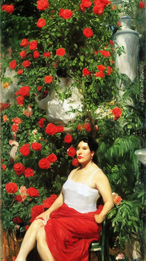 Image similar to rebekah delrio in a botanical room set near a persian pot fulk of red roses and palm treeby john singer sargent