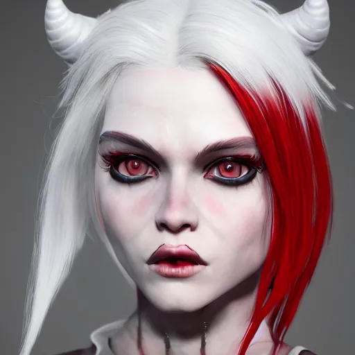 Image similar to a highly detailed portrait of a humanoid demon girl with white hair, red horns, in white clothes, artstation, deviantart, professional, unreal engine 5, photorealistic